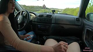 Public road car handjob turns wild with slutty housewife on a forest trail. Neighbors might catch this outdoor teen action.