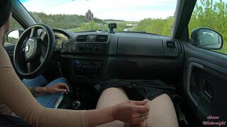 Public road car handjob turns wild with slutty housewife on a forest trail. Neighbors might catch this outdoor teen action.