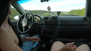 Public road car handjob turns wild with slutty housewife on a forest trail. Neighbors might catch this outdoor teen action.