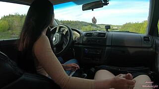 Public road car handjob turns wild with slutty housewife on a forest trail. Neighbors might catch this outdoor teen action.