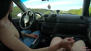 Public road car handjob turns wild with slutty housewife on a forest trail. Neighbors might catch this outdoor teen action.