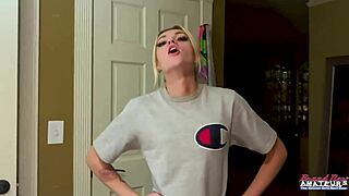 Petite inked blonde sassy rubs her juicy titties and finger fucks her twat