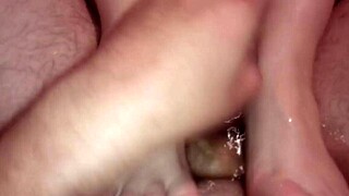 Damn! Footjob Bitch Fucked Hard by Two Cocks, Pissing Off Wife in Bathroom