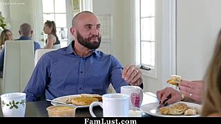 horny stepdaughter sneaks a suck on stepdad's cock under table near stepmom