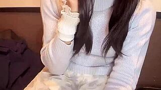 quiet japanese ladyboy in glasses masturbates solo on camera for you