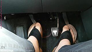 Nylon Feet Tease in Car with Toe Separators