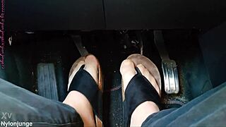 Nylon Feet Tease in Car with Toe Separators