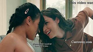 Tiny lesbian straps on a dick to bang a dainty delivery girl's shaved pussy hard.