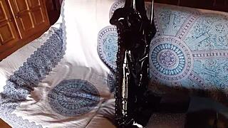 Total Black Outfit Featuring Fishnets, Pantyhose, And Boots Over The Knee For A Seductive Amateur Scene