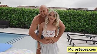 emma bugg, petite 18+ blonde, sucks jmac's huge dick by the pool, loving every moment.