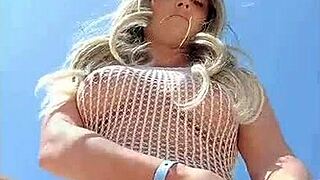 Blonde wears transparent dress without underwear in public