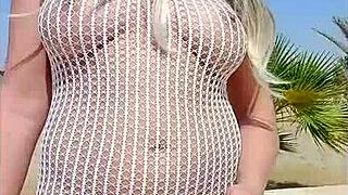 Blonde wears transparent dress without underwear in public