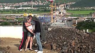 Young blonde cutie fucked hard in public by two guys