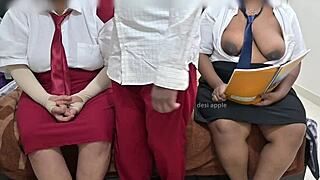 College students banging in threesome during combined study session.