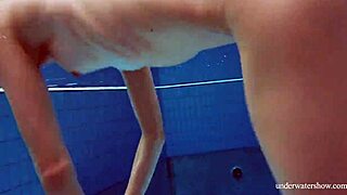 Blue Bikini Brunette Martina Bathes Tight Pussy Underwater On Beach Shower.