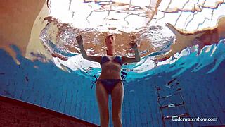 Blue Bikini Brunette Martina Bathes Tight Pussy Underwater On Beach Shower.