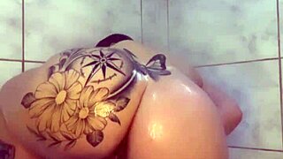 Latina wife dances in lingerie, then teases her small tits under shower