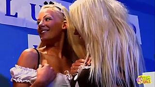 after closing hours, the only ones in the are two blonde maid lesbian girls