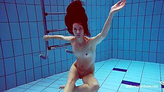 Blue Bikini Brunette Martina Bathes Tight Pussy Underwater On Beach Shower.