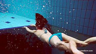 Blue Bikini Brunette Martina Bathes Tight Pussy Underwater On Beach Shower.