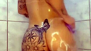 Latina wife dances in lingerie, then teases her small tits under shower