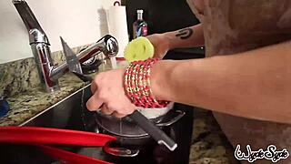 Sara Jay Deeply Inserts Glass Dildo in Kitchen with Huge Pussy