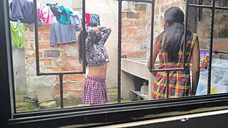 Sexy Latina Housewives Create Homemade Porn After Laundry, Revealing Their Slutty Sides