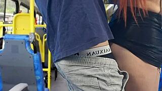 Student gets drilled by stranger inside crowded public bus. Wild skirt action!