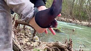 Teasing Close-Up of Beautiful Nylon Feet in Jeans Outdoors