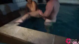 asian slut, watch her get creampied right there in the pool, dripping wet and begging for more