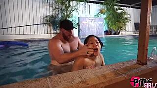 asian slut, watch her get creampied right there in the pool, dripping wet and begging for more
