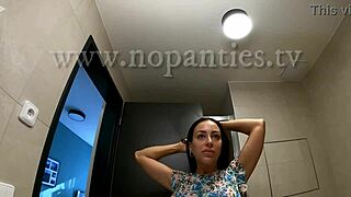 Tattooed Petite 18+ Alia Flashes Tight Shaved Pussy in Bathroom. Sexy Young 18+ Strips to Reveal Wet Bare Ass.