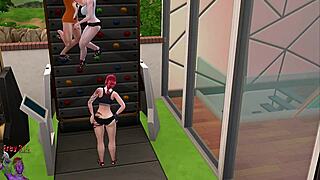 threesome in gym with redhead licking cock