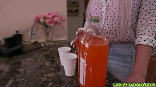 Stepson, you're so lucky to have your cock sucked by girlfriend and stepmom on the sofa!