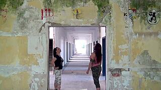 In a lost place, two MILFs engage in a threesome, DEEPTHROATING and getting CUM