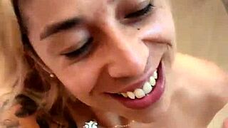 Brazilian latina with small tits spreads ass for blowjob and cum in mouth