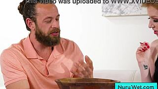 Sexy blonde masseuse rubs tits during nuru massage 😘