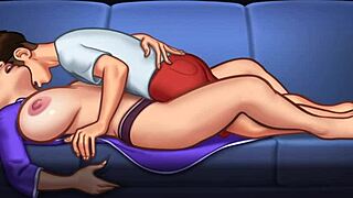 summertime saga - stepsister catches stepmom giving a titjob to a huge cock