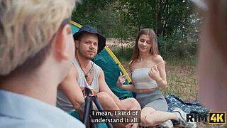 two girls share outdoor camping cleanup