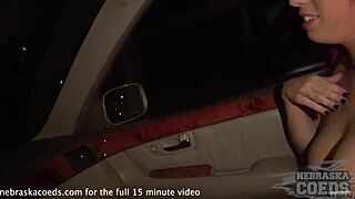 hot redhead angel getting naked in car before bars for public display