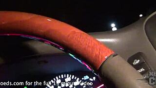 hot redhead angel getting naked in car before bars for public display