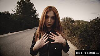 Nipple clamps and ball gag drive horny redhead to intense climax