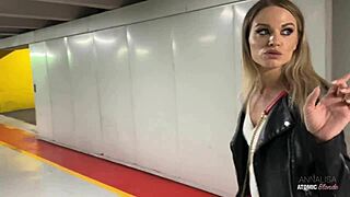 She gives risky public blowjob and swallows it all.