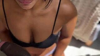 latina amateur feels neighbor's huge cock for first time, cumshot on tits.