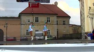 two nice majorettes performing cheerleading routines