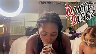 two ebony babes compete in a wild dick sucking showdown.