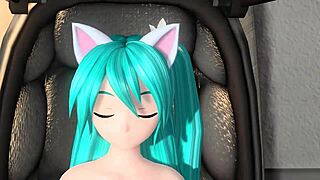 hatsune miku in full nude cat costume, big tits exposed