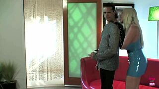 Blonde with fake tits brings brunette for group fuck by her man