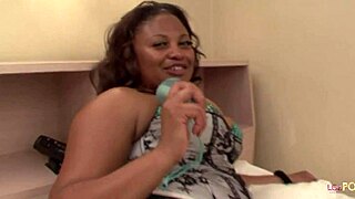 Thick lesbian black girls tease shaved pussies with sex toy.