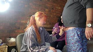 two shy girls jerk my massive cock hard!